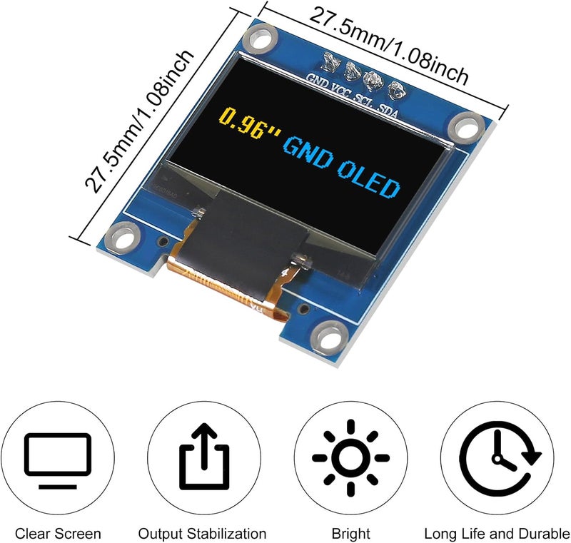 XIITIA 6pcs 0.96 inch OLED IIC I2C Display Module SSD1306 128x64 LCD Screen Driver with 30pin Dupont Cables for Arduino(Yellow Blue/GND Screen) - Image 4